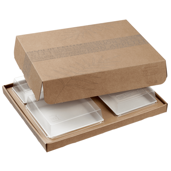 Plateau-repas Ecokraft avec couvercle décor feuille Plateau-repas Ecokraft avec couvercle décor feuille