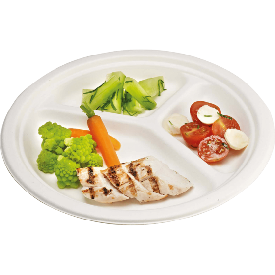 Assiette ronde 3 compartiments pulpe de canne Ø260 mm Assiette ronde 3 compartiments pulpe de canne Ø260 mm